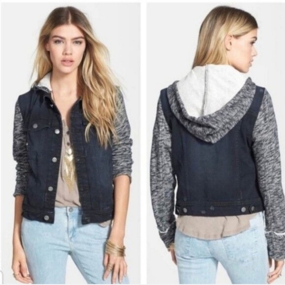 Free People Black Distressed Denim Hooded Sweater Jacket Womens Small - Picture 2 of 15